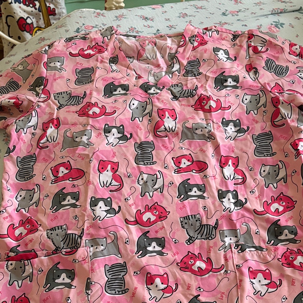 Cute Cat Print Scrub Top